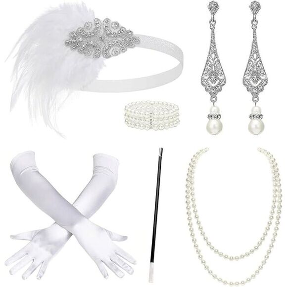 🤍✨ 6PCS 1920s White Accessories Flapper Great Gatsby Retro Costume Set NEW - Picture 1 of 14